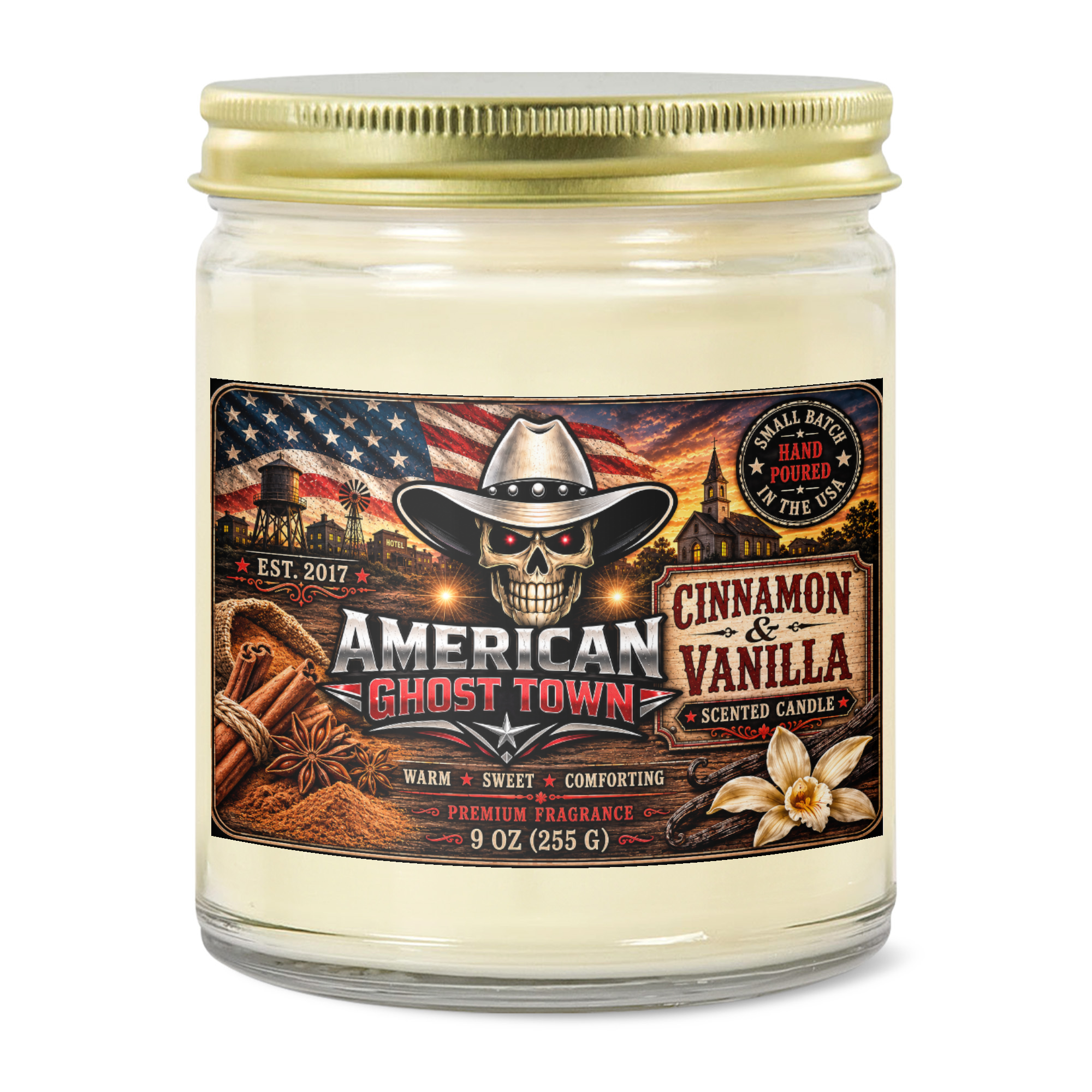 9oz Clear Jar Candle | 3"x2" White Label | Gold Lid