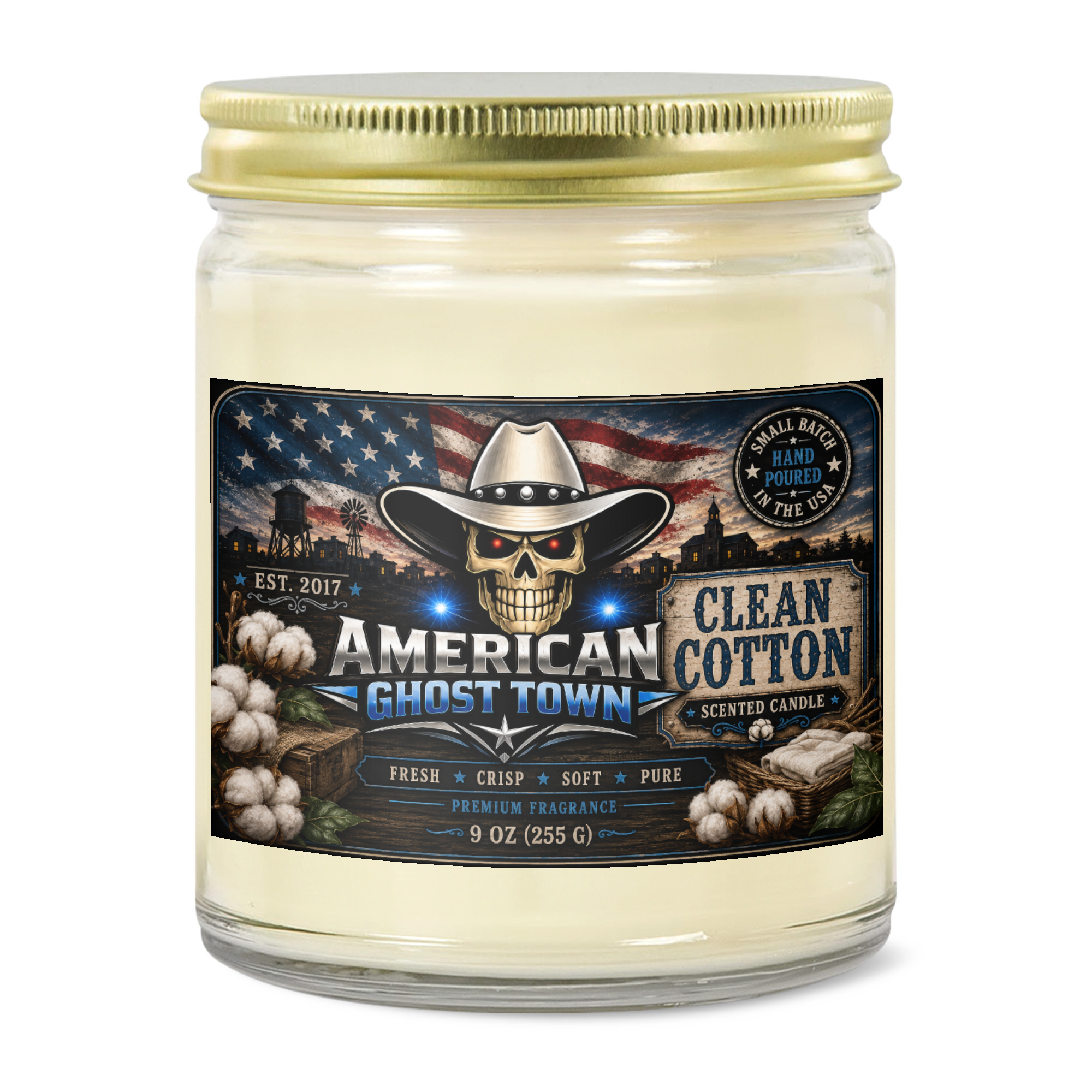 9oz Clear Jar Candle | 3"x2" White Label | Gold Lid
