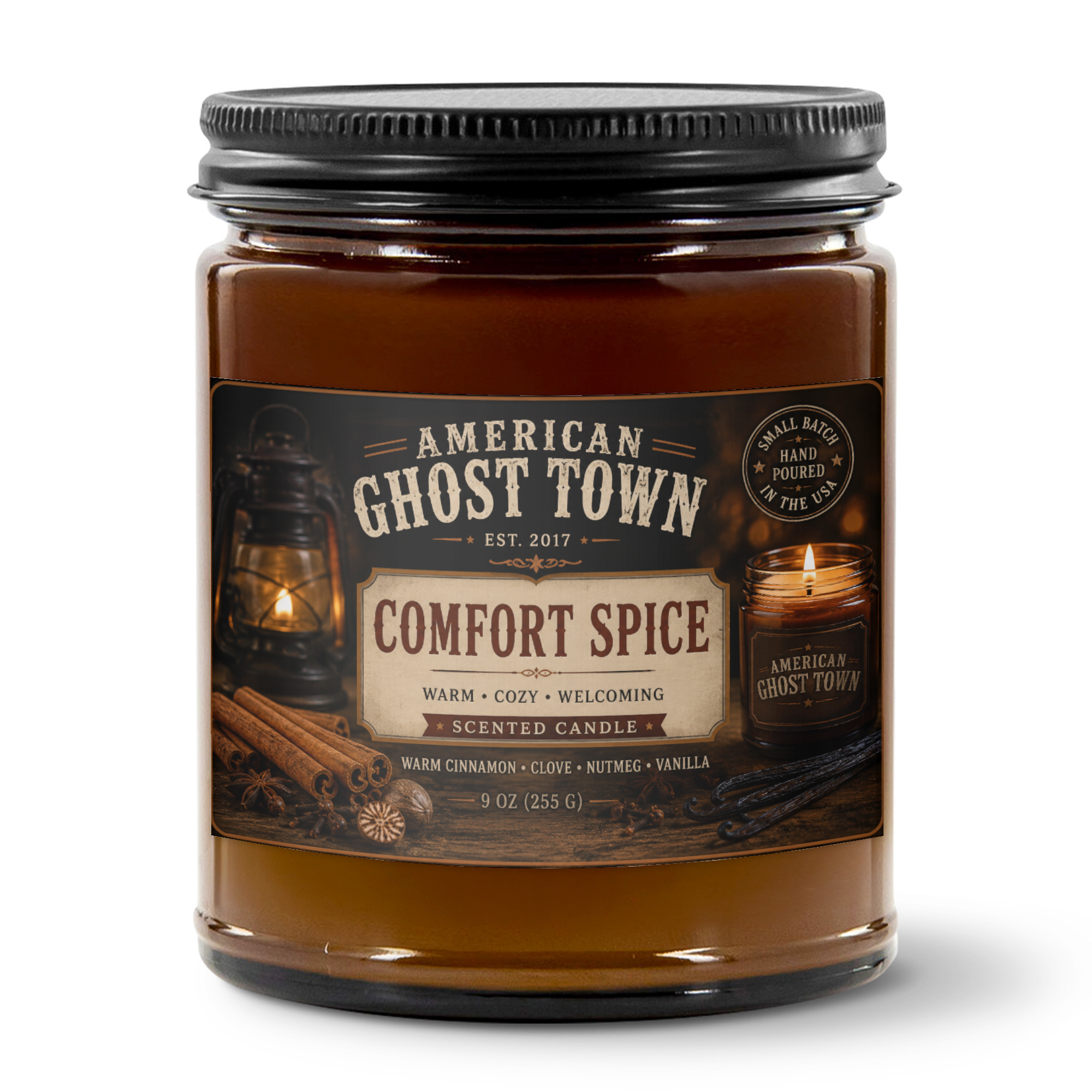 9oz Amber Jar Candle | 3"x2" White Label | Black Matte Lid