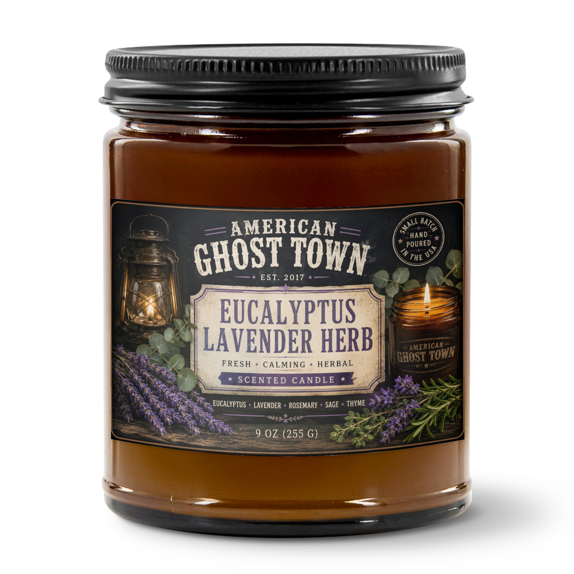 9oz Amber Jar Candle | 3"x2" White Label | Black Matte Lid