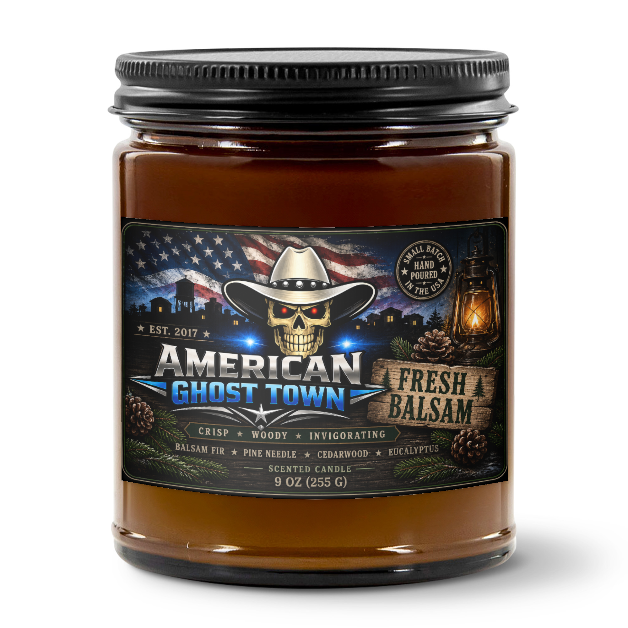 9oz Amber Jar Candle | 3"x2" White Label | Black Matte Lid