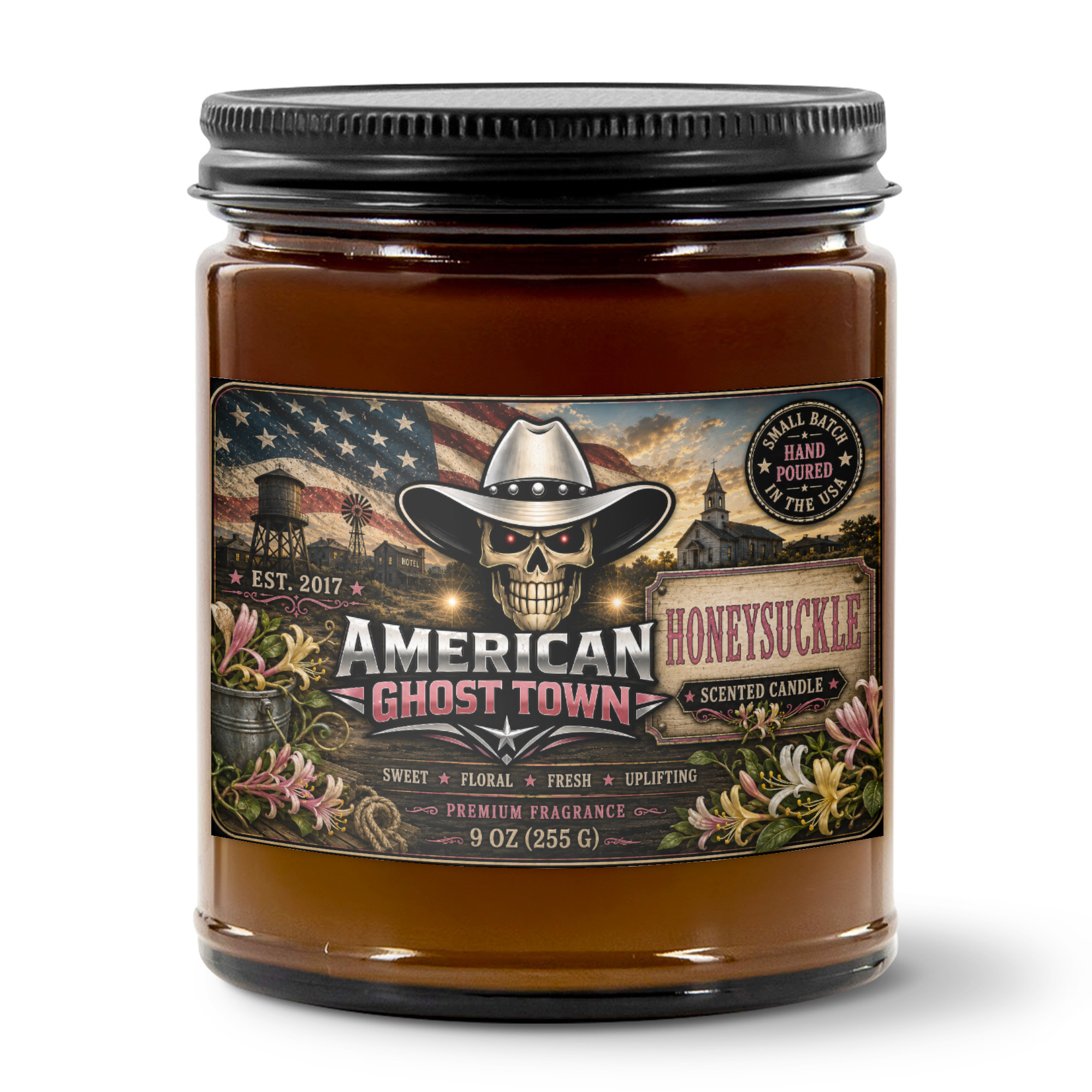 9oz Amber Jar Candle | 3"x2" White Label | Black Matte Lid