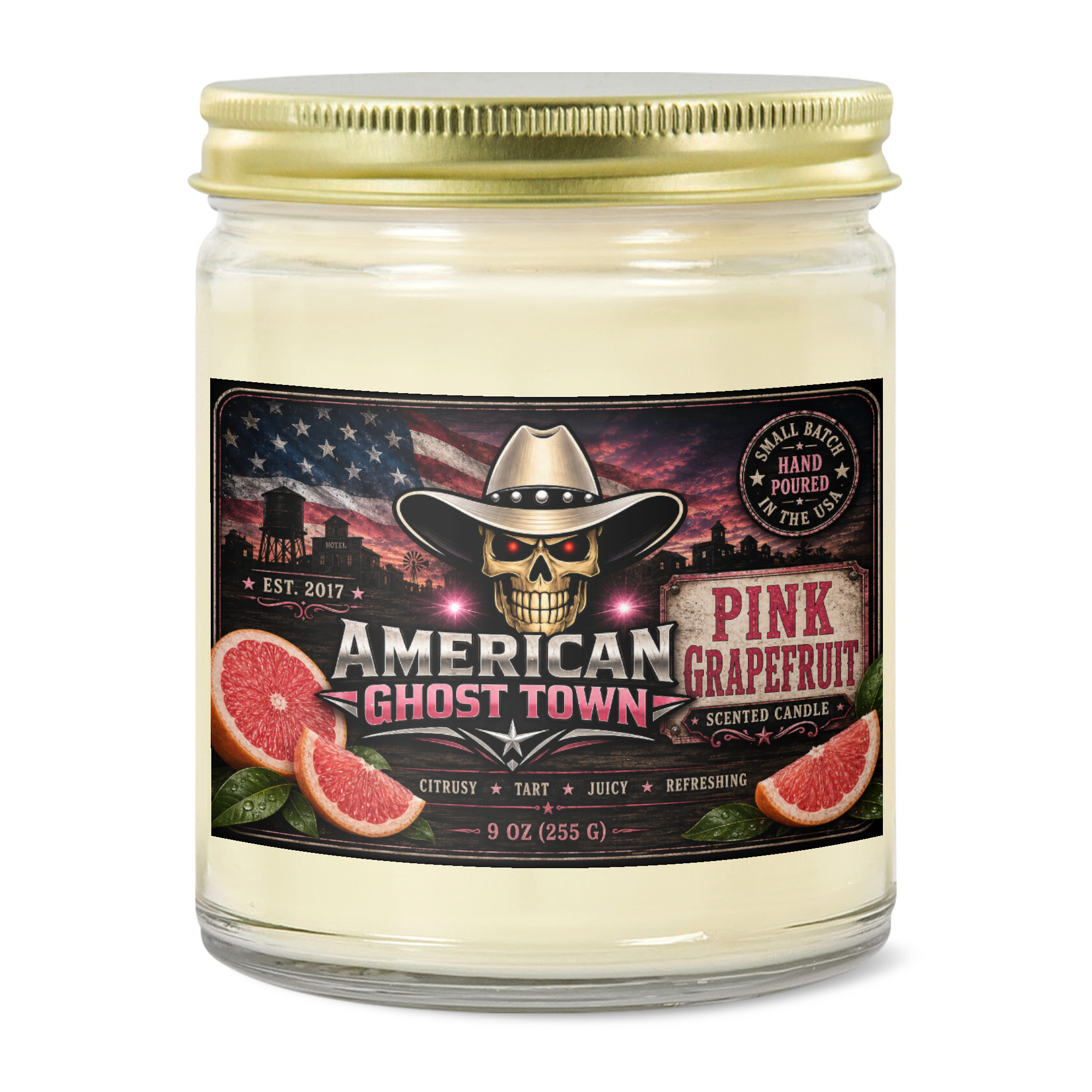 9oz Clear Jar Candle | 3"x2" White Label | Gold Lid