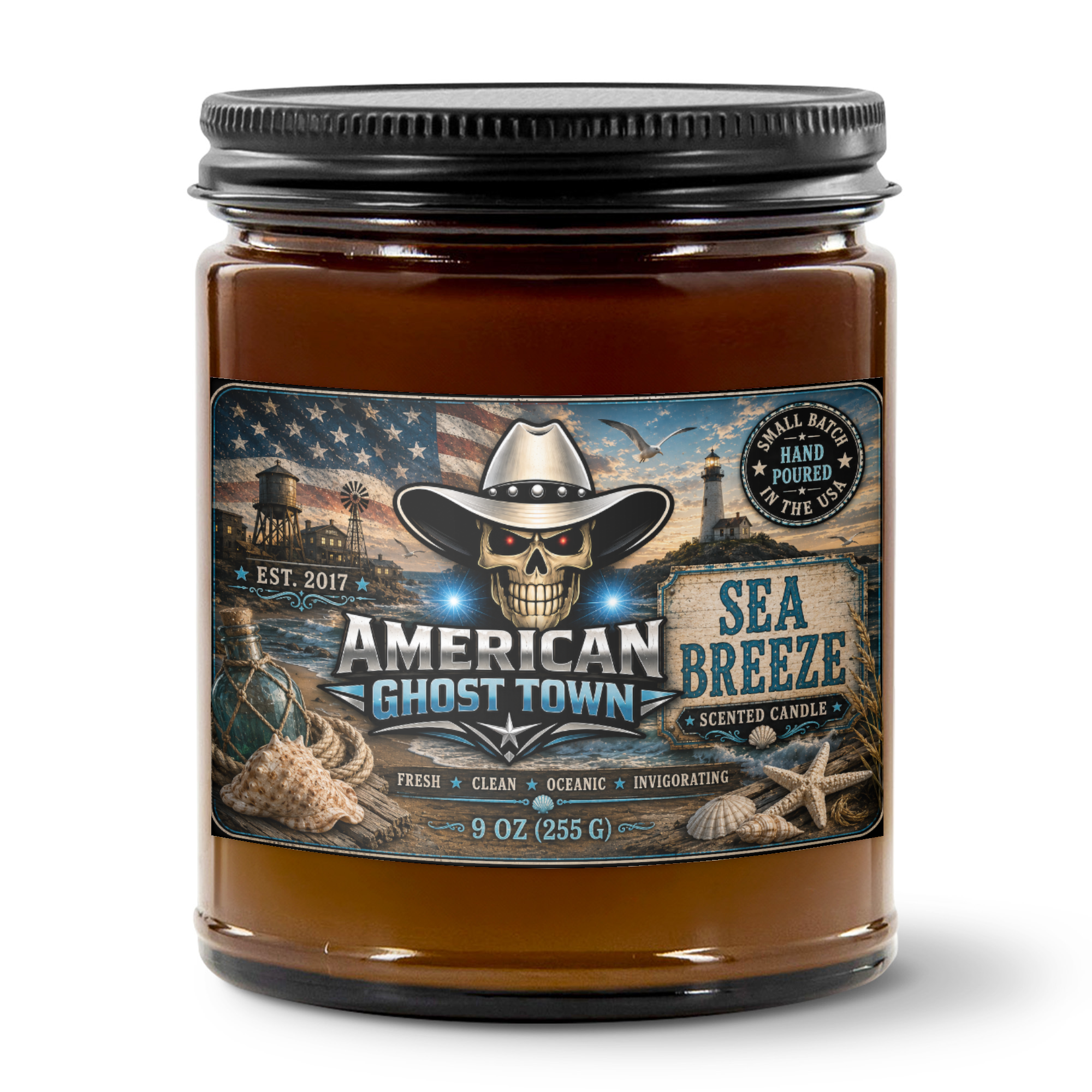 9oz Amber Jar Candle | 3"x2" White Label | Black Matte Lid