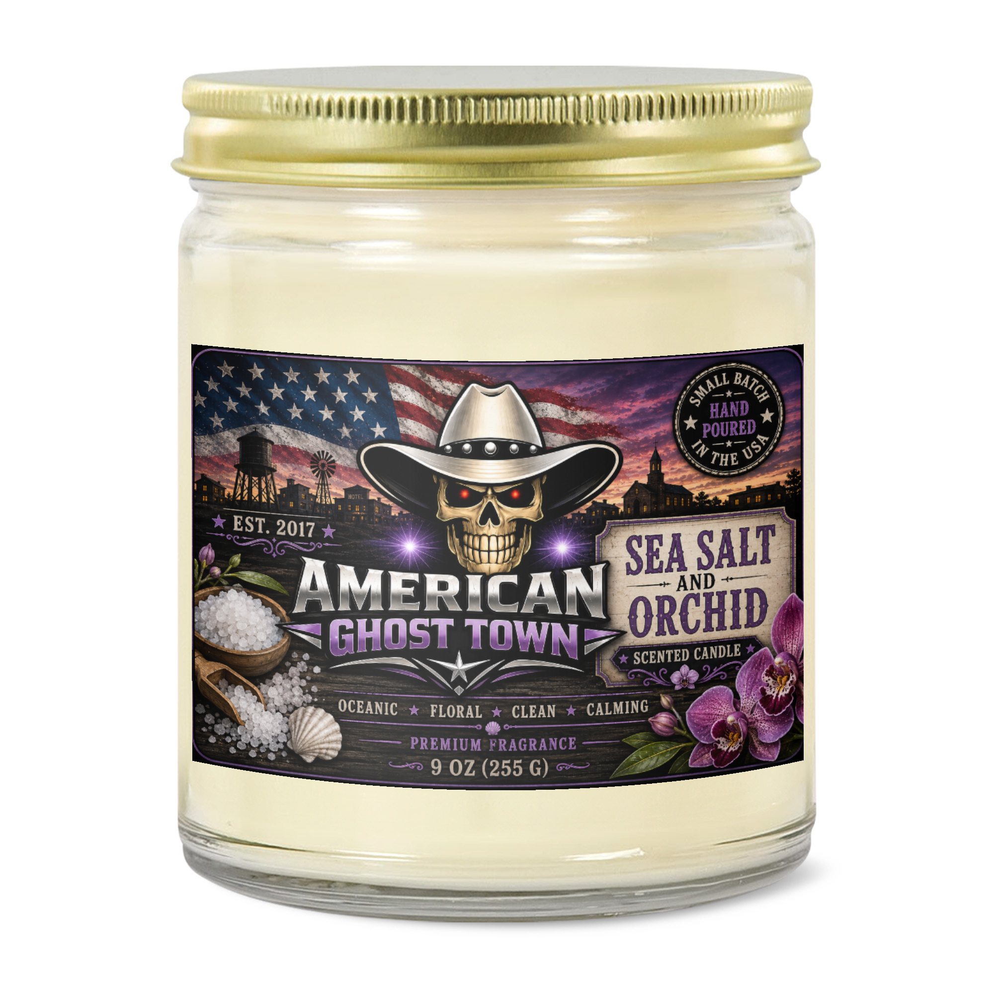 9oz Clear Jar Candle | 3"x2" White Label | Gold Lid