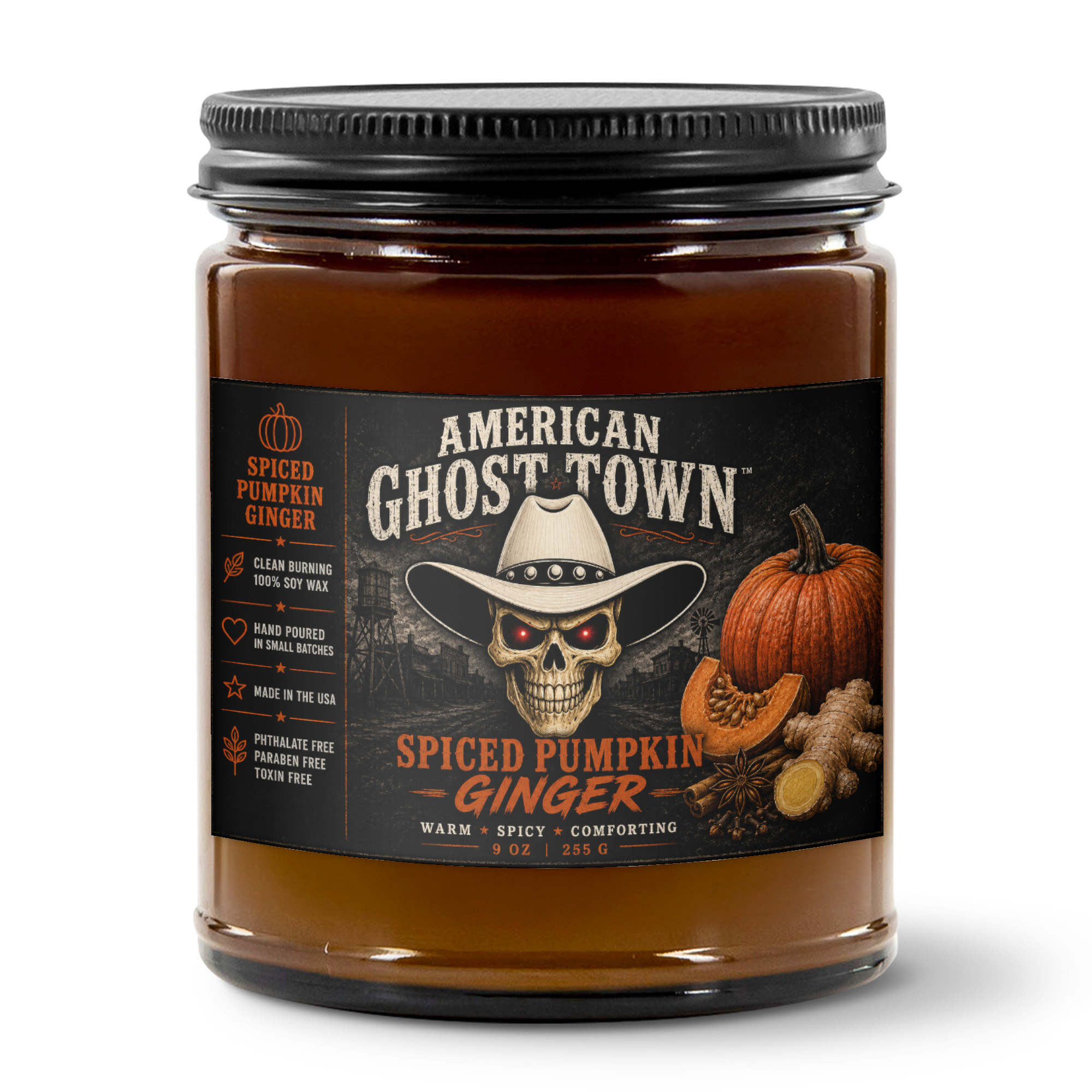 9oz Amber Jar Candle | 3"x2" White Label | Black Matte Lid