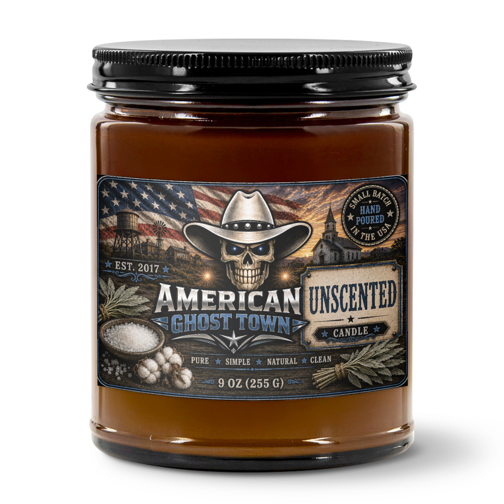 9oz Amber Jar Candle | 3"x2" White Label | Black Lid