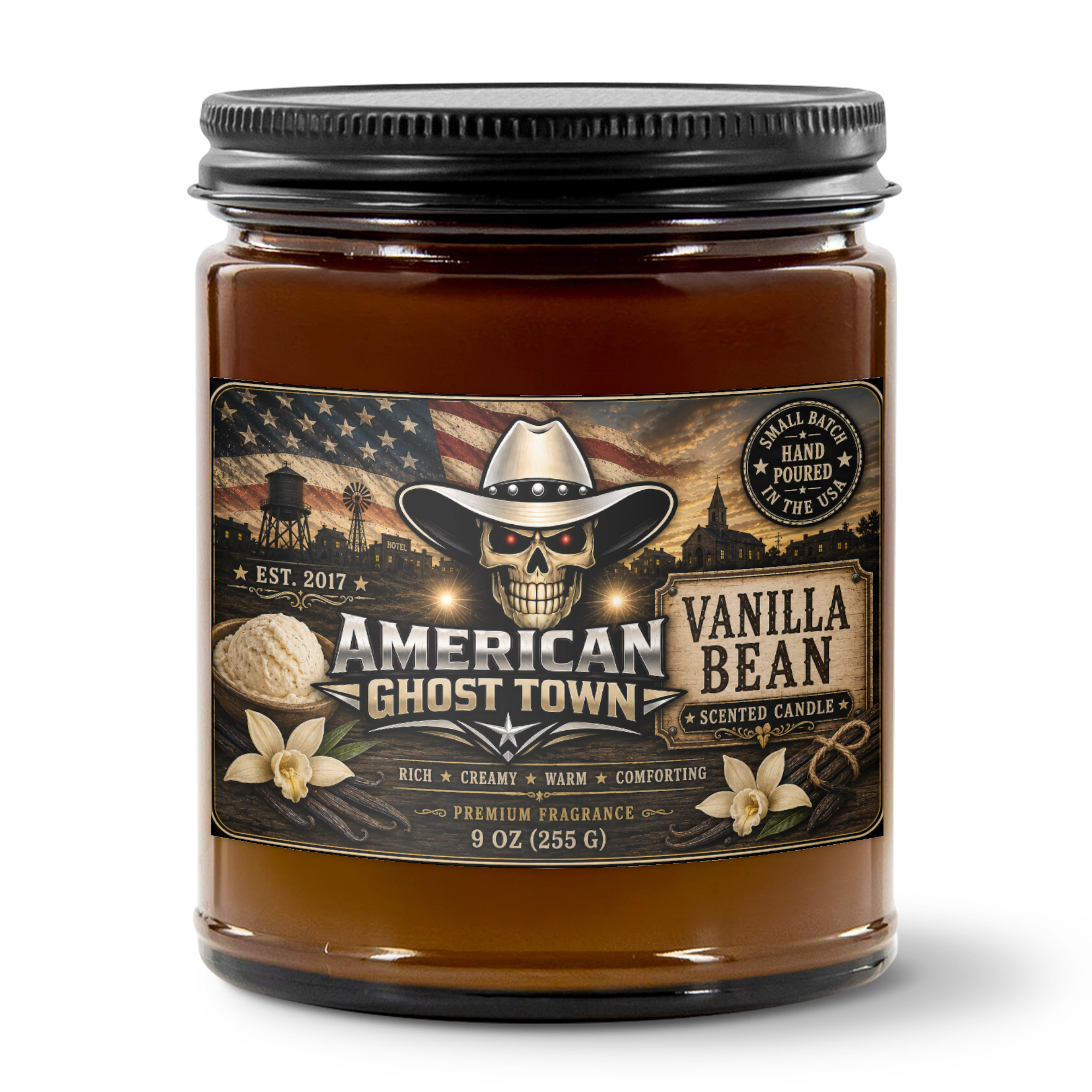 9oz Amber Jar Candle | 3"x2" White Label | Black Matte Lid