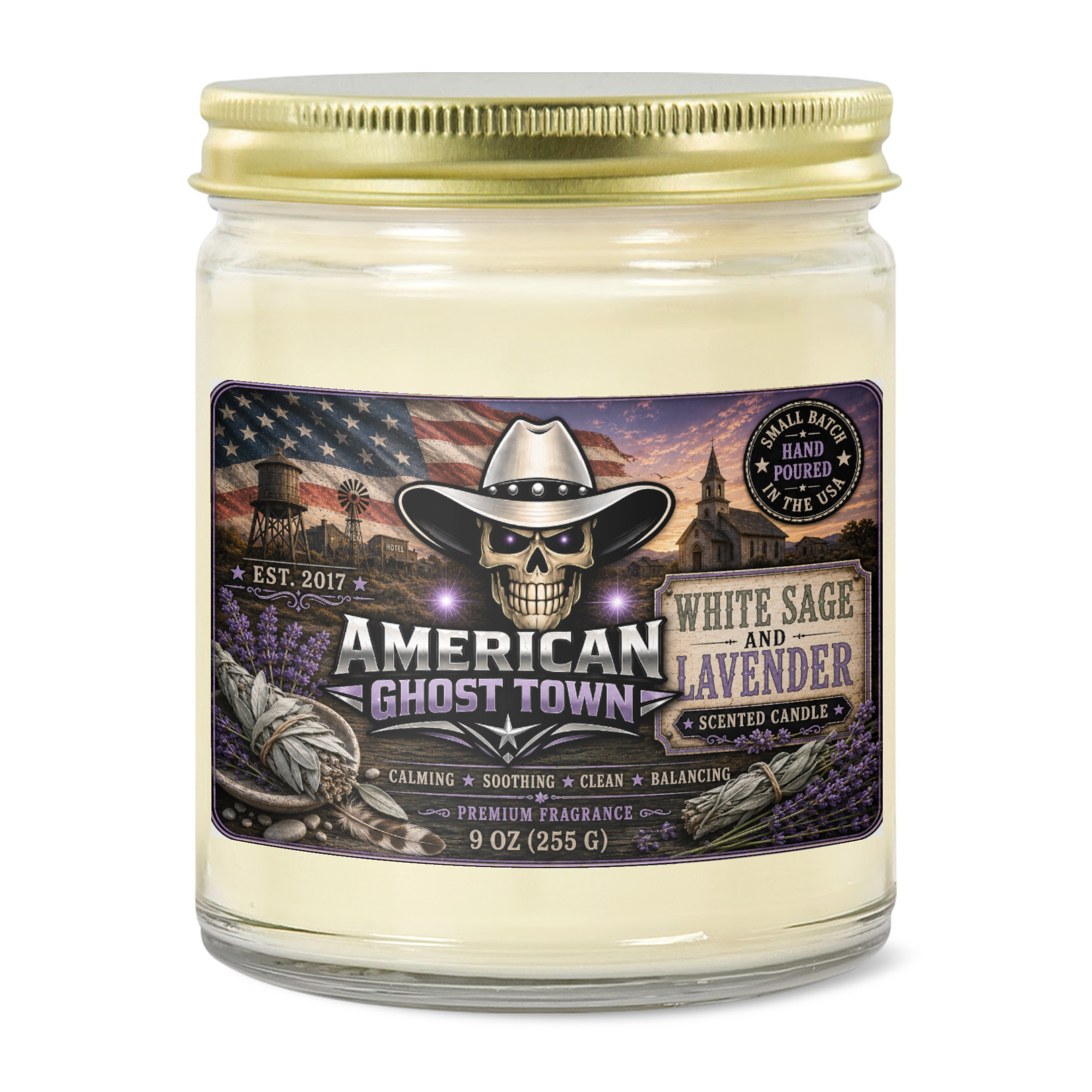 9oz Clear Jar Candle | 3"x2" White Label | Gold Lid